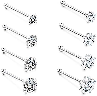 FIASASO 8 Pcs 20G 925 Sterling Silver Nose Rings Studs for Women Round CZ Square CZ 1.5mm 2mm 2.5mm 3mm Nose Piercings Body Jewelry