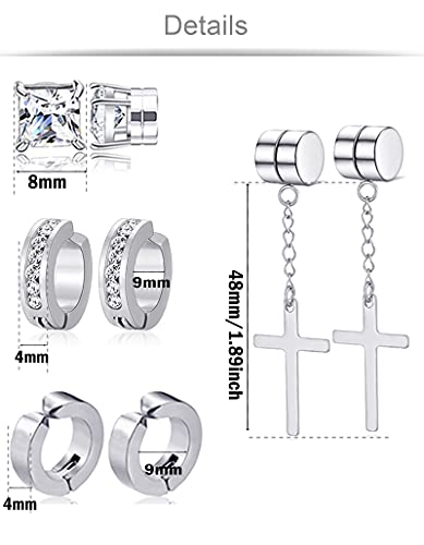 Ofeiyaa 12 Pairs Magnetic Stud Earrings Stainless Steel Non Pierced Earrings Punk Cz Hoop Cross Feather Dangle Hinged Earrings Clip On Magnet Earring Set For Men Women Gold Silver Black #TOP1