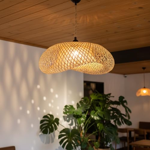 BARCELONA LED Suspension en Rotin Artisanale Grande, Style Naturel, Nordique, Japonais et Rustique, Aspect Pierre, Industriel et Classique, Ampoule E27...