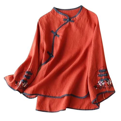 Blusa tradicional china para mujer, bordada, algodón, lino, manga larga, camisa de manga larga, con botones de rana, Cheongsam, cuello en V, camisas de dormir, rosso, M