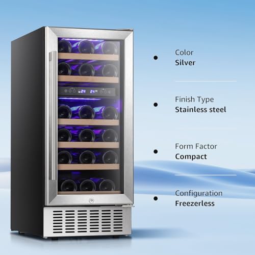 Antarctic Star Wine Fridge,15 Inch Wine Cooler Refrigerator Under Counter(41-68°F),28 Bottles Built-in Dual Zone &Freestanding Wine Refrigerator with Stainless Steel & Double-Layer Tempered Glass Door on Fridge.com