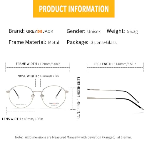 Image of grey jack 3PCS Clip On Glasses,Half-Rim Metal Round Shape with Magnetic Eyeglasses for Myopic Men Women 80020