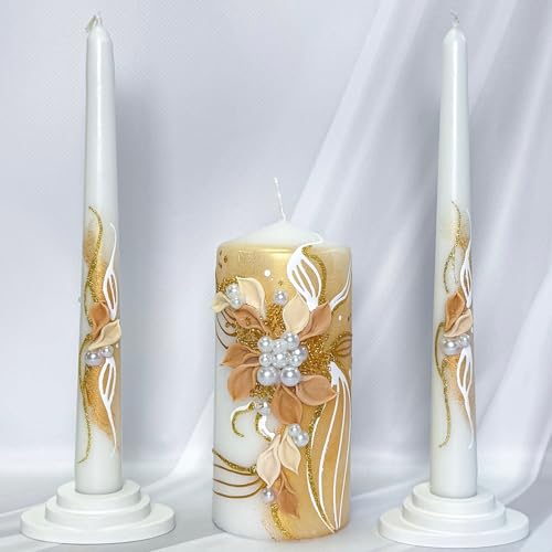 Unity Candle Set for Wedding Ceremony & Reception â€“ 6â€ Pillar & Two 10â€ Taper Candles â€“ Long Burning Unity Candles for Marriage Ritual â€“ Handmade in USA â€“ White | Gold