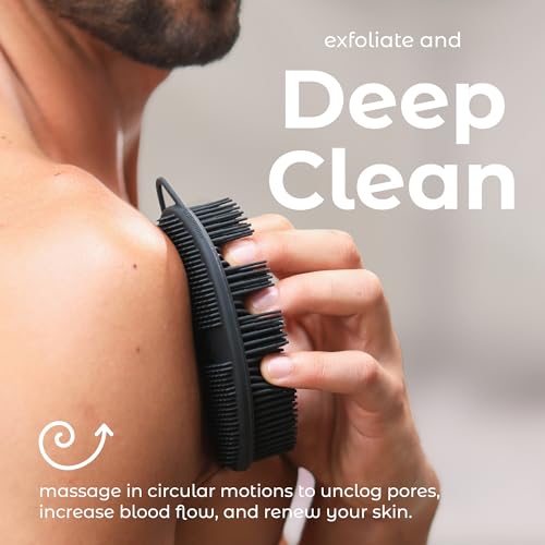 Image of MainBasics Exfoliating Silicone Body Scrubber Pro 2-in-1 Shower Scrubber for Body, Silicone Loofah and Body Exfoliator (Black, Body + Exfoliate)