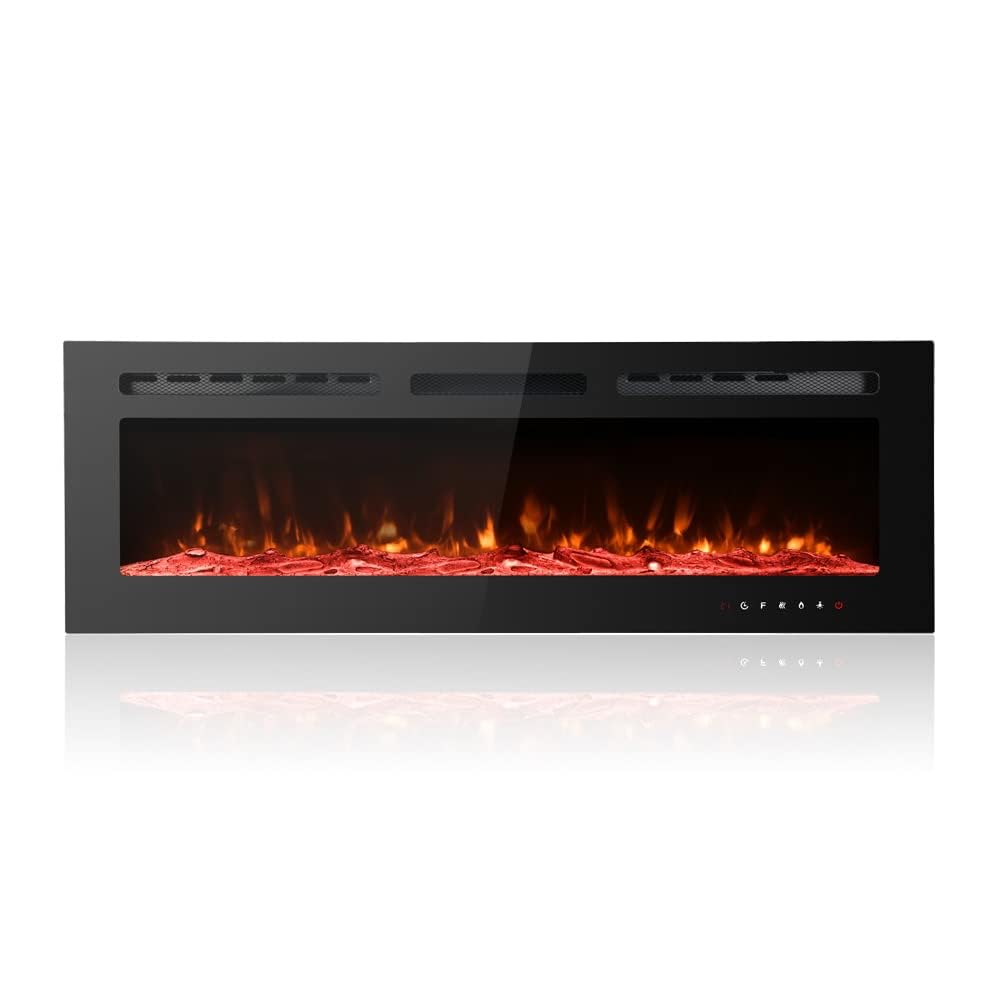 M.C.HausUltra-Thin Electric Fireplace Low Noise, 12 Variable & Breath Colors Flame, Recessed Wall Mounted Free Standing, Touch Screen & Remote Control, Crystal & Log Set(127cm/50inch)