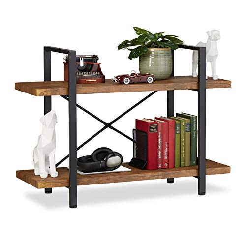 Relaxdays étagère Industrielle, Meuble sur Pieds à 2 Niveaux, 64,5 x 90 x 33,5 cm, MDF & métal, Range-Livres, Marron