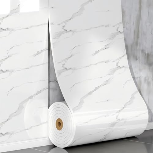 Vervewall Thick Marble Contact Paper Peel and Stick - 15.75"x118" Granite PVC Foam Wall Panels Roll for Kitchen Countertops, Cabinets,Thick Vinyl Wallpaper Removable Furniture DIY,White/Grey