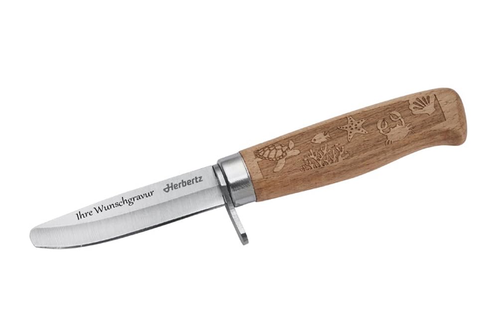 Herbertz Kindermesser mit Holzgriff (verschiedene Motive) - sicheres Kindermesser mit abgerundeter Spitze – inkl. Scheide & Namensgravur – Outdoor & Bushcraft Messer für Kinder