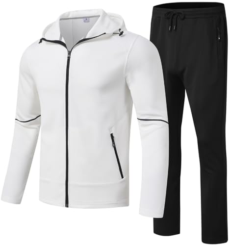 Rdruko Men's Track Suits 2 Piece Set Sweatsuits Tracksuits Jogging Workout Gym Warm Up Sportswear Suits with Hood(White, US M)