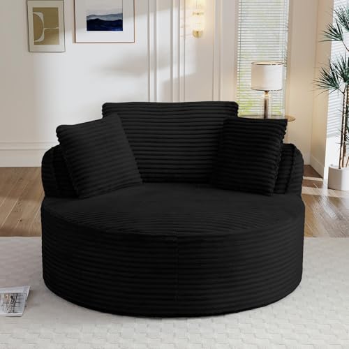 Image of Antetek 53.5-inch Round Chair, Modern Accent Corduroy Comfy Deep Seat Boneless Foam Floor Single Circle Chaise Sofa Chair with 3 Pillows for Living Room Bedroom Office, No Assembly Required, Black
