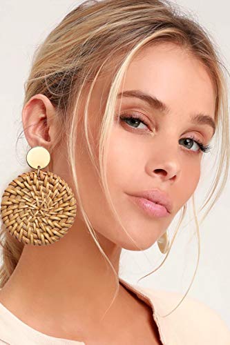 Long Necklace And Rattan Earrings Set For Women Handmade Long Tassel Rattan Necklace Wicker Earring Lightweight Weave Statement Jewelry (Brown) #TOP4