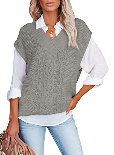 Shownicer Pulls Sans Manches Femme Décontracté Col V Gilet Tricot Couleur Unie Sweater Pullover Avec Bouton A Abricot XS