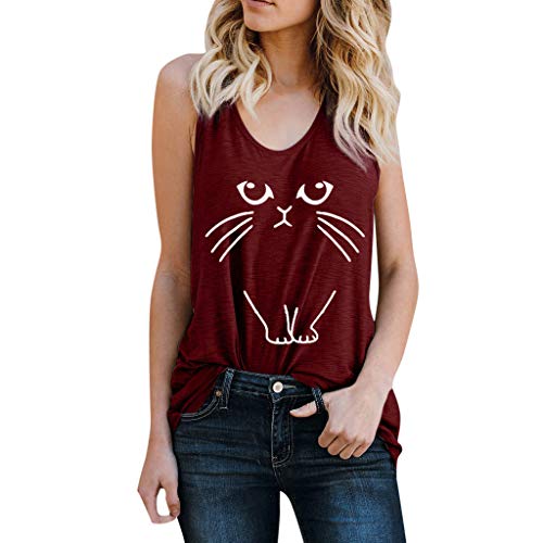 Image of Xmiral Women Cute Cat Printed Vest Sleeveless Loose Tops Tank Blouse T-Shirt Cotton Sweatshirt(3XL,G-Wine)
