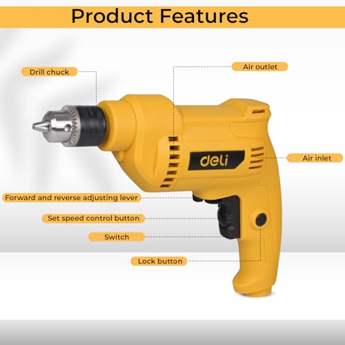 Image of Deli DL-DZ10-E3 500W Corded Electric Drill 0-3300RPM No-Load Speed 10mm Chuck Size 220-240V ~ 50 /60Hz Drilling Machine with Forward /Reverse Rotation & Switch Lock Function (Pack of 1, Yellow)