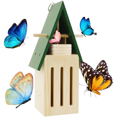 Butterfly House and Feeder for Outside, Natural Wood Butterfly House with Feeder, Decorative Butterfly Shelter Safe Butterfly Habitat with Hooks Hang on Wall or Tree for Outdoor Garden Decor