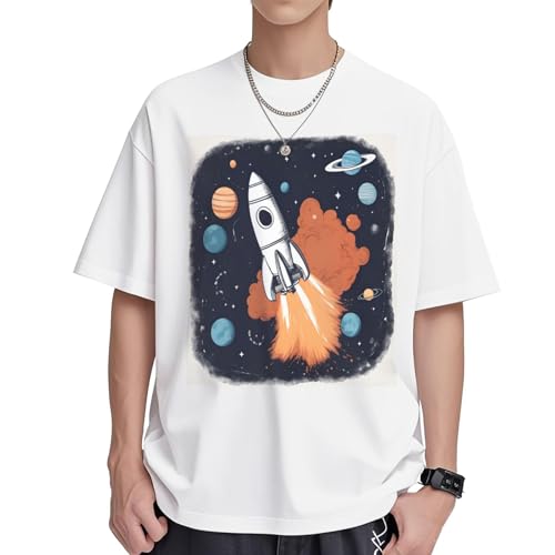 T-shirt col rond imprimé fusée homme 100% coton coupe ample manches courtes