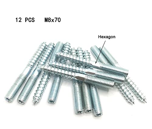 Image of Hanger Bolt M8x70 Silvery Double Headed Bolt Self-Tapping Screw with Hexagon for Furniture 12Pcs