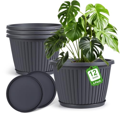 12-inch-Planters-for-Outdoor-Plant，Plastic Indoor Flower Pots with Drainage Holes & Saucer, 4 Packs Decorative Garden Pots for Plantfor Home Porch Decor