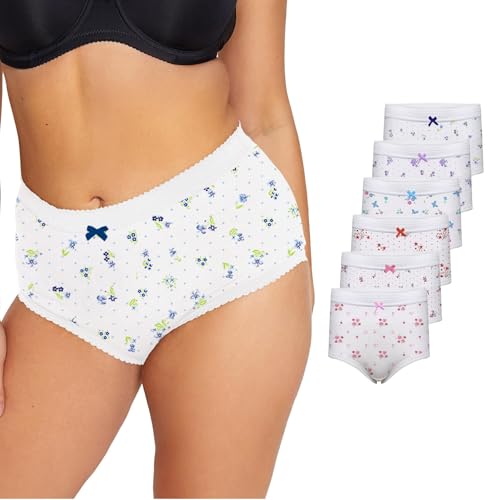 Harte & Soul Women’s 100% Cotton 6 Pack Full Briefs – Assorted Floral Design Soft Lace Trim Knickers | High-Waisted, Full Coverage Everyday Underwear (Sizes 10–24)