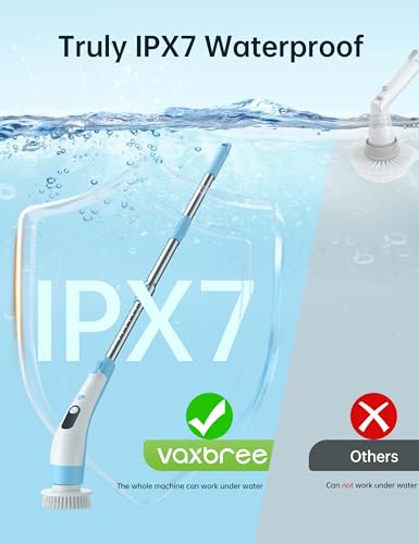 Vaxbree Electric Spin Scrubber with LED Display, IPX7 Waterproof Powerful Shower Scrubber, 2H Runtime, 2 Speeds, Adjustable Handle, 8 Brush Heads for Bathtub Tile Car-Blue and White - Thumbnail 4