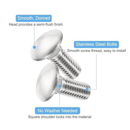 Image of uxcell 1 /2-13x1-1 /4 Carriage Bolt, 6pcs Round Head Square Neck Screws, 304 Stainless Steel, Fully Threaded, Silver