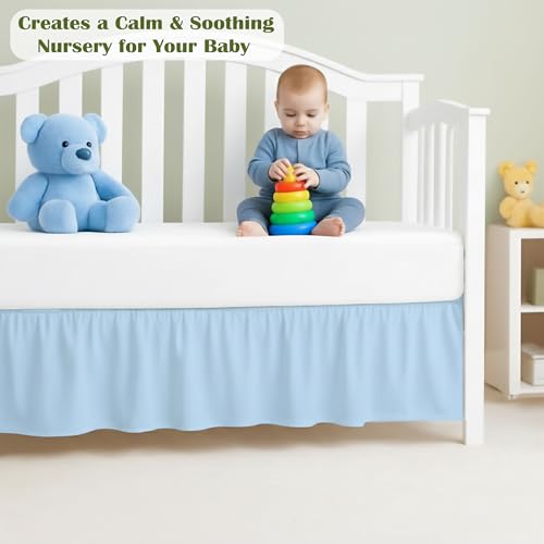 Image of Luxury Crib Bed Skirt 28 inch x 52 inch with 14 Inch Drop Soft & Breathable Dust Ruffle Fits Standard Crib and Toddler Bed Nursery Microfiber Fabric Ruffle Bed Skirt for Baby Boys or Girls Light Blue Solid