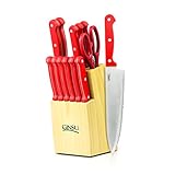 Ginsu Essential Series 14-Piece Stainless Steel Serrated Knife Set – Cutlery Set with Red Kitchen Knives in a Natural Block, 03879DS