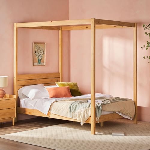 image for Walker Edison Full Minimalist Solid Wood Canopy Bed, Full Size, Natura
