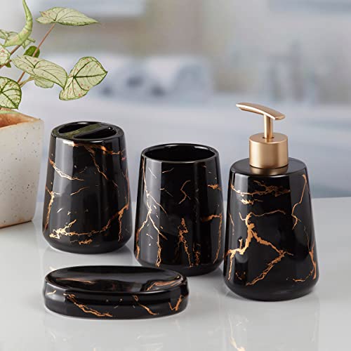 Image of Kookee Ceramic Bathroom Set - Stylish 4 Piece Bath Accessories Kit with Soap Dispenser, Toothbrush Holder, Tumbler & Soap Dish - Modern & Designer Decor for Home & Guest Bathrooms, Black /Gold (9747)