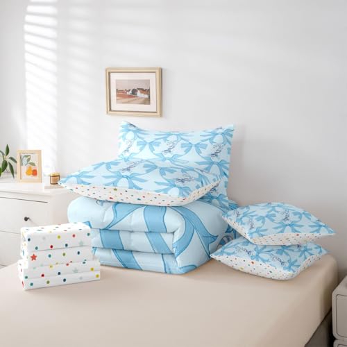 Image of Kawaii Comforter Set 7 Piece Bed in a Bag Twin | Blue Bow Bedding Sets Santa Sticks Candy Canes Comforter and Sheet Set, Dreamy Ribbon Princess Bowknot Bed Sets,Cute Aesthetic Room Decor