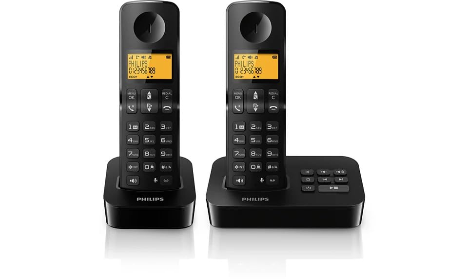 Philips Teléfono fijo D2652B/01 Dual teléfono doméstico con contestador automático pantalla de 1'6 pulgadas agenda telefónica  reconocimiento del número de llamada   números de marcación rápida  negro