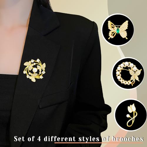 Image of Butterfly Wreath Brooch Pin White Pearl Flower Women Rhinestone Scarf Buckle Pin Gold Wedding Bridal Brooches Lady