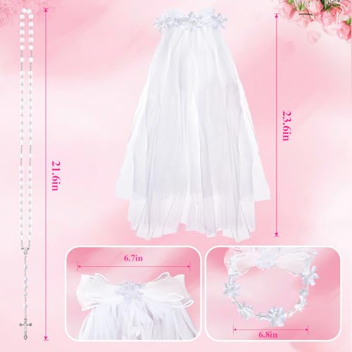 Girls First Communion Veil String of beads White Floral Crown Lace Veil2