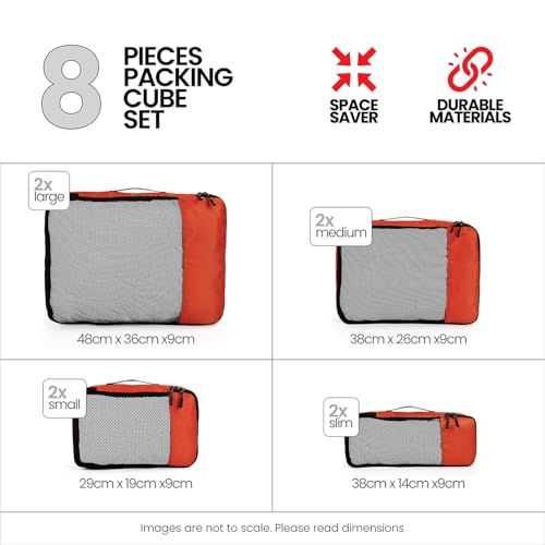 Image of FATMUG Packing Cubes Travel Pouch Bag Organiser Set of 8 (2x Large-Medium-Small and Slim) - Orange (Polyester)