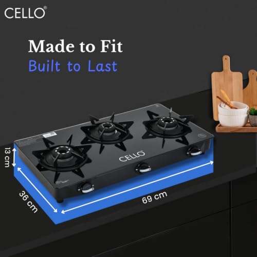Image of Cello Dezire Plus 3 Burner Gas Stove | 6mm Toughened Glass | Manual Ignition | ISI Certified | Rapid Alloy Burnes | 1 Year Warranty | Hexa Pan Supports