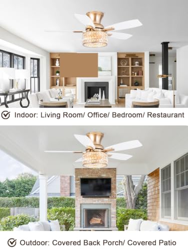 Image of 42 inch Flush Mount Crystal Ceiling Fan with Lights White and Gold