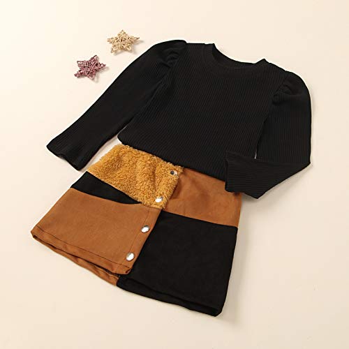 Toddler Baby Girls Leather Skirt Outfits Ribbed Sweater Shirt Tops + Pu Leather Dress Fall Clothes Set (Black+Brown, 6-7 Years) #TOP1