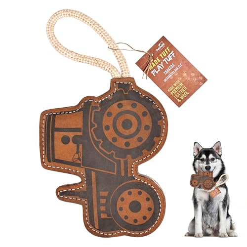 PetYupp Tractor Leather Chew Toy for Dogs - Extra Thick Wool, Stitched & Real Leather Dog Toy for Small, Medium & Large Dogs - Durable & Safe Chew Toys for Puppies