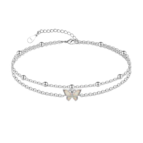 CHIC & ARTSY Womens Anklet 925 Sterling Silver Created Opal Layered Anklet Bracelet Dainty Beaded Chain Anklet Adjustable 11" Best Friend Anklet for Women