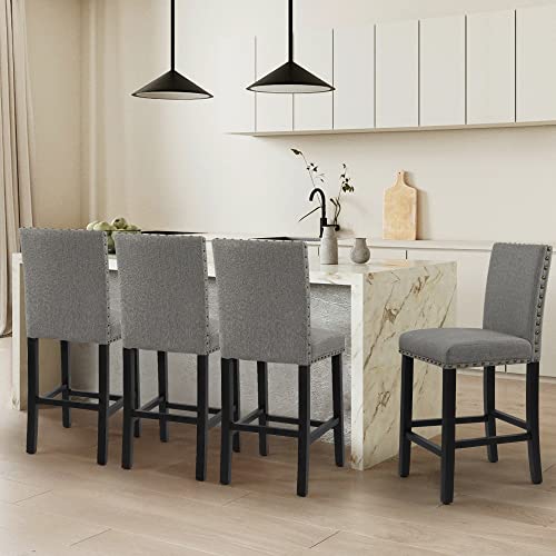 Dagonhil 24'' Bar Stools Set Of 4, Counter Height Bar Stools With Backs, Nail Head Barstools With Wood Legs, Upholstered Kitchen Island Chairs, Gray #TOP9