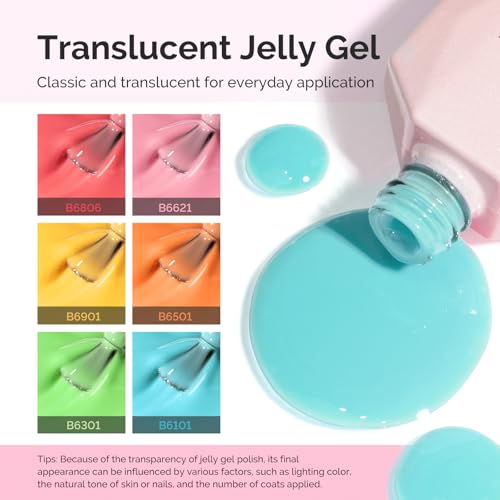 Image of MelodySusie Jelly Gel Nail Polish Set,6 Transparent Colors,Milky or Jelly Texture,Spring and Summer Macaron Colors Soak Off UV LED Light Cure or Salon Manicure and Nail Art DIY at Home