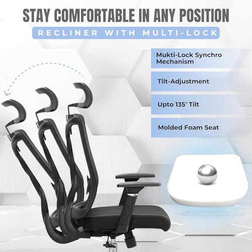 Image of Spiralflex Ergonomic Office Chair for Work | Multi-Lock Synchro Tilt Mechanism | 4 Year Warranty | 3D Armrest | Adjustable Lumbar (Grey, 3 Position Lock)