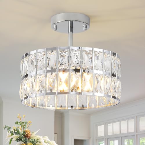 MSSIAN Chrome Crystal ChandeliersModern Semi Flush Mount Ceiling Light Small 4-Ligh Round Crystal Hanging Pendant Light Fixtures for Dining Room Entryway Kitchen Hallway D30CM
