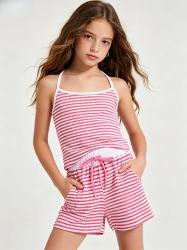 Image of Size 7-14Y Girls Clothes 2 Piece Outfits Striped Tank Top Drawstring Shorts Teen Girls Summer Clothing Sets
