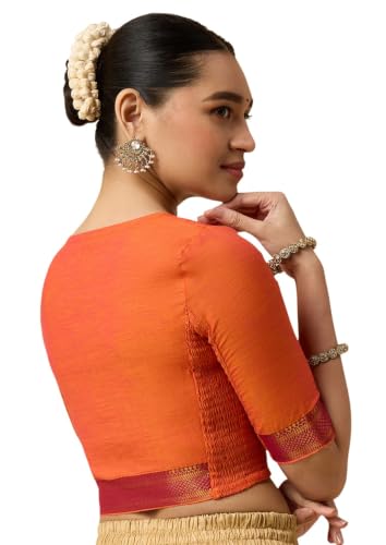 Image of Studio Shringaar Women's Handloom Cotton Stretchable (Smocked) Saree Blouse with Temple Zari Border