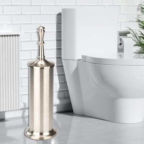 Image of J&V TEXTILES Industrial Toilet Brush, Toilet Bowl Brush with Extra Long Handle Durable Bristles Toilet Scrubber and Covered Holder for Toilet Brush Set (Brished Satin Nickel)