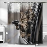 Funny Cat Shower Curtain 72x72 Inches, Pistol Gun Shower Curtains for Bathroom Decor, Cute Kitten Bathtub Curtain Water Repellent with Hooks