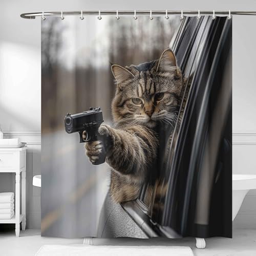 Funny Cat Shower Curtain 72x72 Inches, Pistol Gun Shower Curtains for Bathroom Decor, Cute Kitten Bathtub Curtain Water Repellent with Hooks