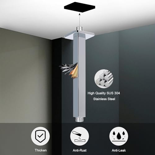 Image of Ceiling Mounted Shower Arm, Rain Shower Square Extension Arm with Flange and Teflon Tape Stainless Steel Ceiling Mount Shower Extender (8 Inch, Chrome)