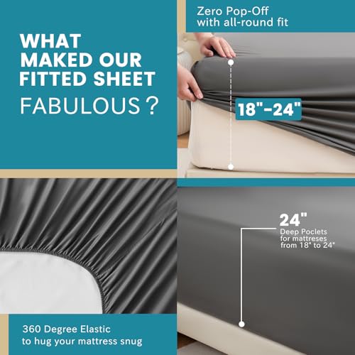 Bedlifes King Sheet Set, Extra Deep Pocket 18-24 Inches,1000Thread Count 100% Egyptian Cotton, Soft and Breathable Sateen 4-Piece, Dark Grey